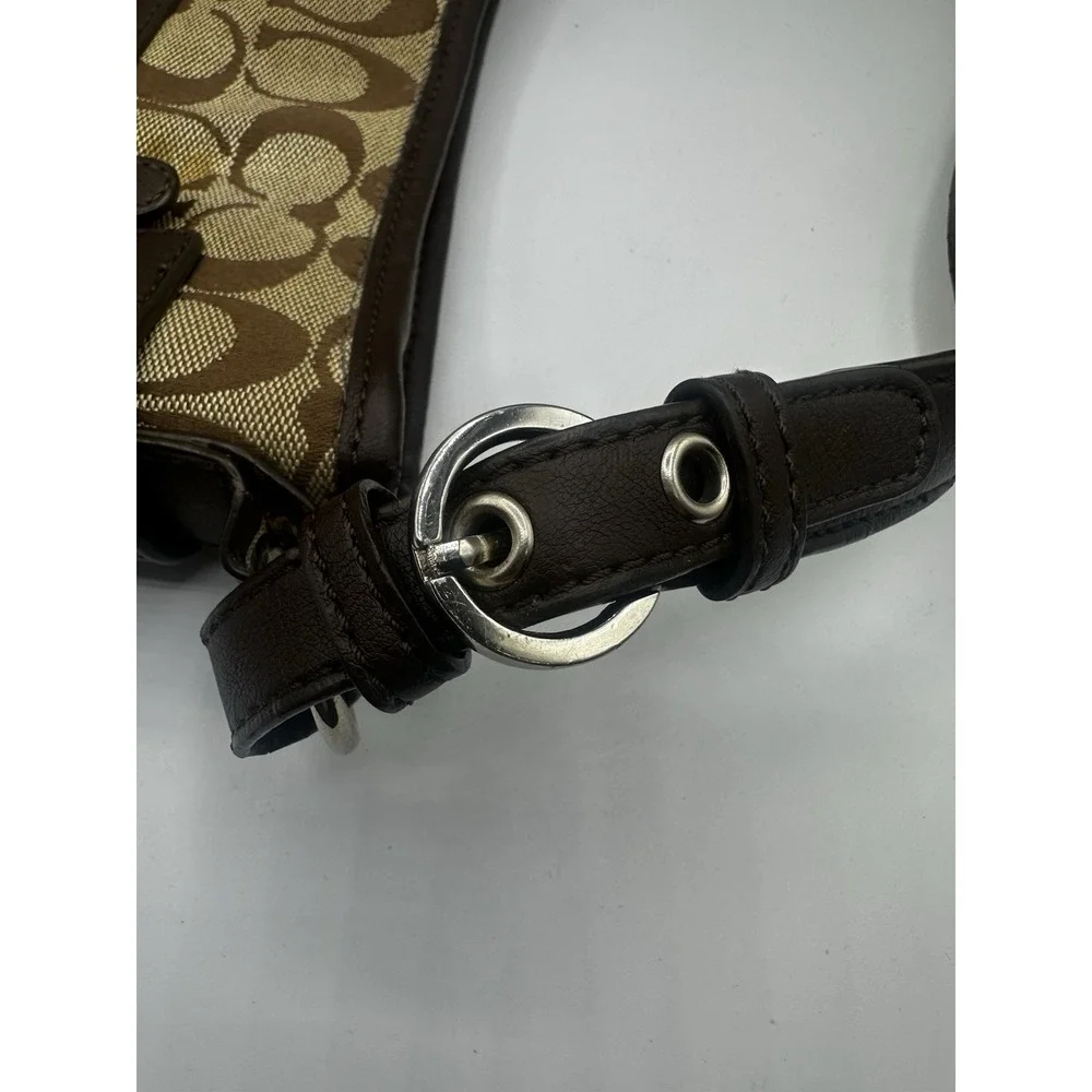 Coach Signature Soho Hobo Shoulder Bag Brown Khaki Canvas Leather Buckle Trim 14